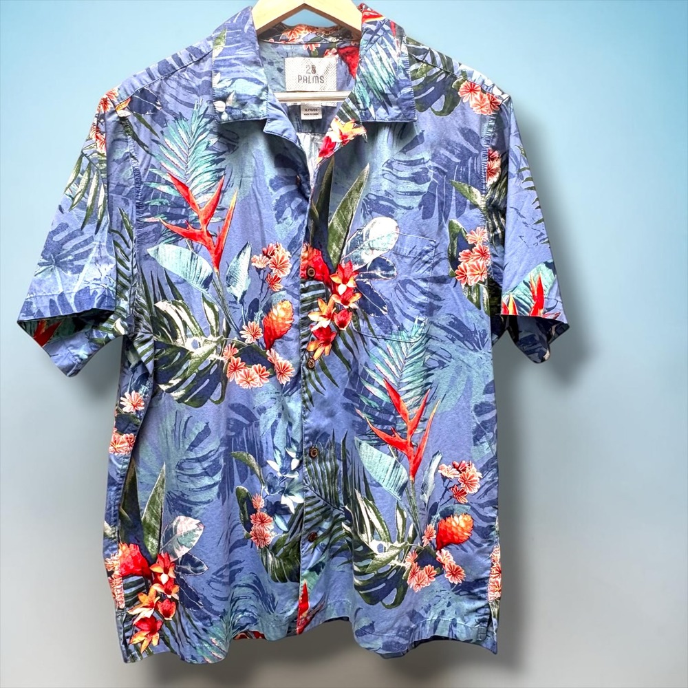 28 Palms Mens Tropical Floral Palm Leaf‎ Button Down Shirt Blue XL